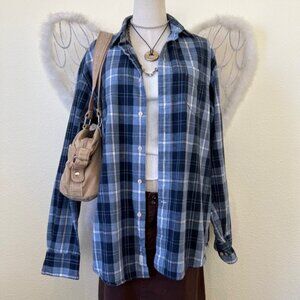 Indie Skater Grunge Oversized Shirt Button Up Long Sleeve Blue Navy Preppy‎